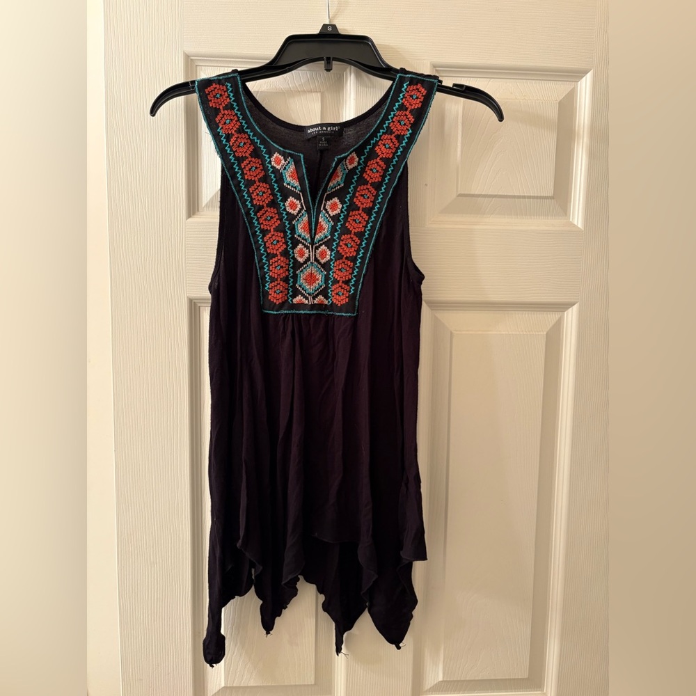About A Girl Black Tank Top with Colorful Embroidery